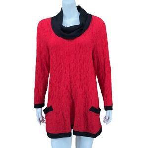 Ali Miles Top‎ Womens Large Red Black Cowl Neck Tunic Pockets Textured Lagenlook